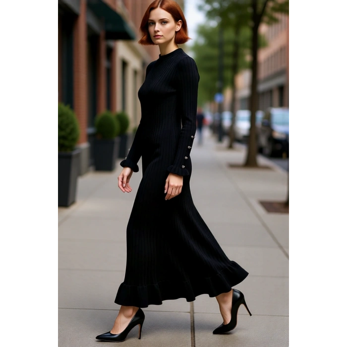 Kadın Bodycon Kesim Akrilik Ribana Triko Maxi Elbise İncili Detaylı Uzun Kol Şıklığı Kaliteli