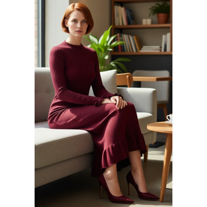 Kadın Bodycon Kesim Akrilik Ribana Triko Maxi Elbise İncili Detaylı Uzun Kol Şıklığı Kaliteli