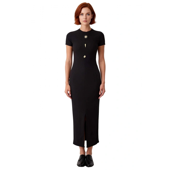 Kadın Bodycon Kesim Bisiklet Yaka Aksesuar Detaylı Ottoman Örme Midi Elbise Günlük Rahatlığı Sunar