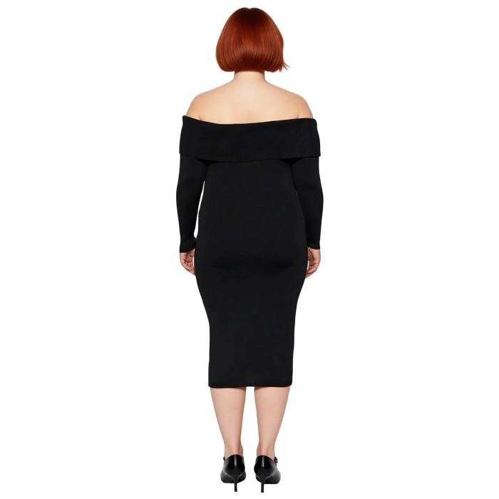 Kadın Bodycon Kesim Carmen Yaka Düz Uzun Kollu Triko Midi Elbise Kış Aylarının Şık Ve Rahat Gündüz