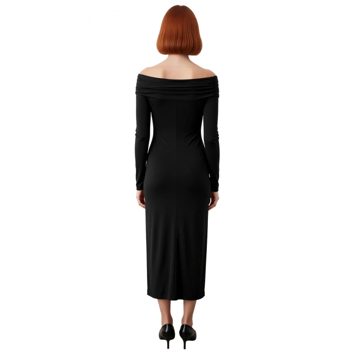 Kadın Bodycon Kesim Carmen Yaka Uzun Kollu Maxi Elbise Aksesuar Detaylı Örme Kış Modası Kaliteli