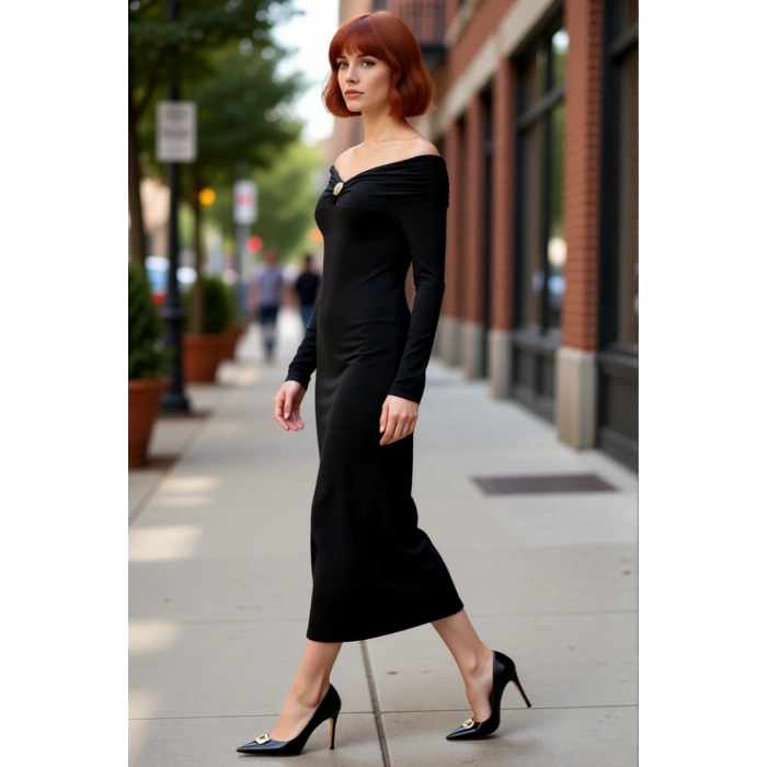 Kadın Bodycon Kesim Carmen Yaka Uzun Kollu Maxi Elbise Aksesuar Detaylı Örme Kış Modası Kaliteli