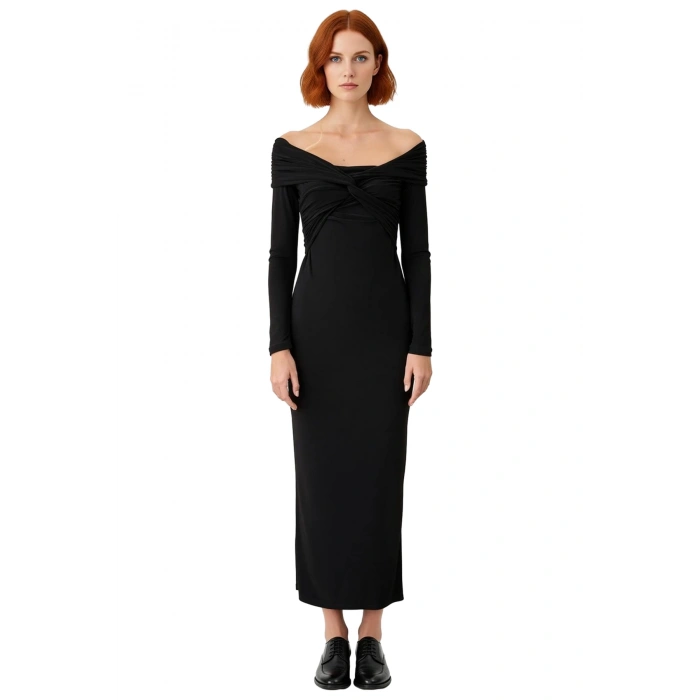 Kadın Bodycon Kesim Carmen Yaka Uzun Kollu Örme Midi Elbise Şık Gece Davetleri İçin İdeal Seçim