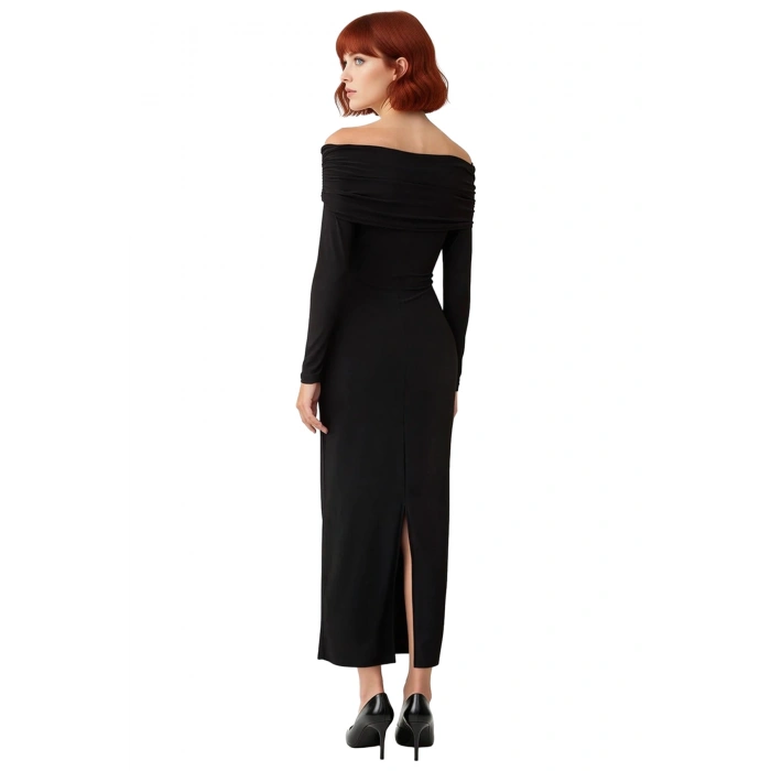 Kadın Bodycon Kesim Carmen Yaka Uzun Kollu Örme Midi Elbise Şık Gece Davetleri İçin İdeal Seçim