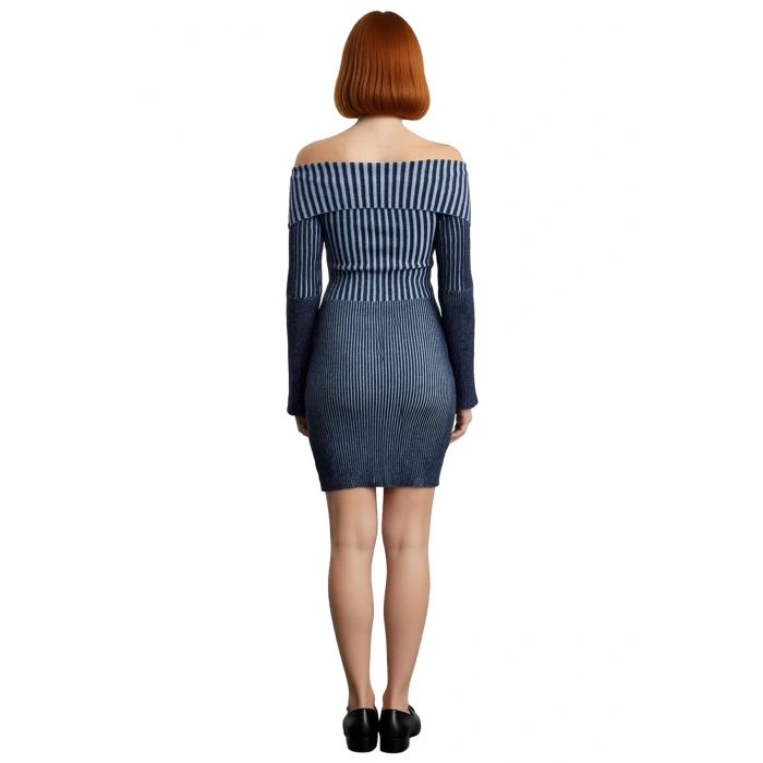 Kadın Bodycon Kesim Degrade Çizgili İnce Triko Mini Elbise Omuzları Açık Fermuar Detaylı Kaliteli