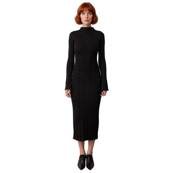 Kadın Bodycon Kesim Dik Yaka Uzun Kol Maxi Triko Elbise Kış Aylarında Şık ve Rahat Bir Tarz Sunar