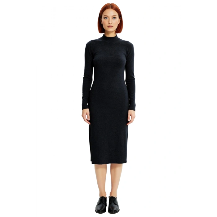 Kadın Bodycon Kesim Dik Yaka Uzun Kollu Midi Yırtmaçlı Rejenere Kaşkorse Elbise Şık Görünüm Sunar