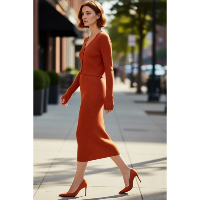 Kadın Bodycon Kesim Düz Triko Elbise Uzun Kollu V Yaka Midi Boy Sonbahar Kış Şıklığı Kaliteli