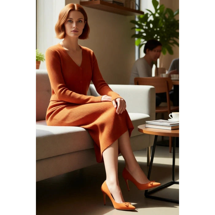 Kadın Bodycon Kesim Düz Triko Elbise Uzun Kollu V Yaka Midi Boy Sonbahar Kış Şıklığı Kaliteli