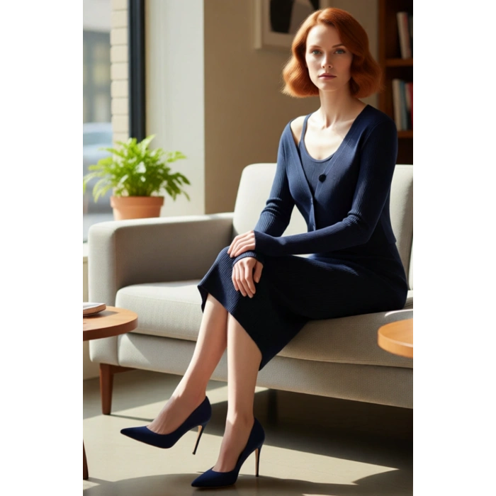 Kadın Bodycon Kesim Düz Triko Elbise Uzun Kollu V Yaka Midi Boy Sonbahar Kış Şıklığı Kaliteli