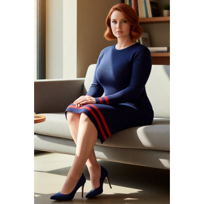 Kadın Bodycon Kesim Fitilli Triko Kazak Elbise Çizgili Detaylı Bisiklet Yaka Uzun Kollu Stil