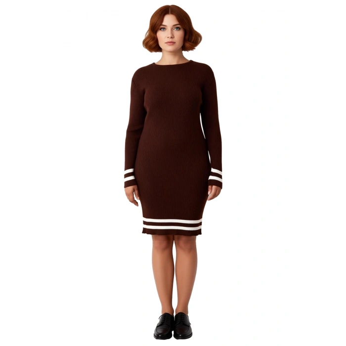 Kadın Bodycon Kesim Fitilli Triko Kazak Elbise Çizgili Detaylı Bisiklet Yaka Uzun Kollu Stil