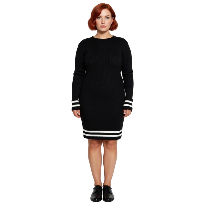 Kadın Bodycon Kesim Fitilli Triko Kazak Elbise Çizgili Detaylı Bisiklet Yaka Uzun Kollu Stil