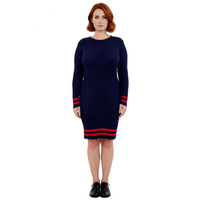 Kadın Bodycon Kesim Fitilli Triko Kazak Elbise Çizgili Detaylı Bisiklet Yaka Uzun Kollu Stil