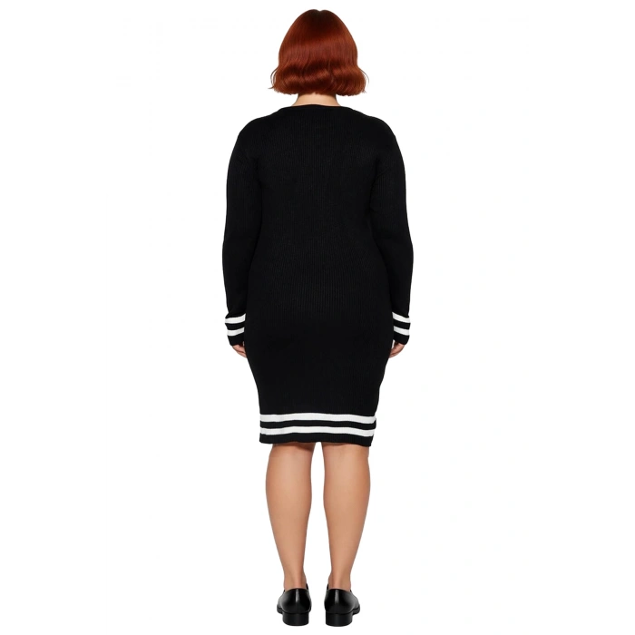 Kadın Bodycon Kesim Fitilli Triko Kazak Elbise Çizgili Detaylı Bisiklet Yaka Uzun Kollu Stil