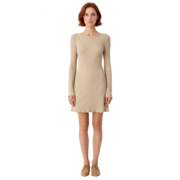 Kadın Bodycon Kesim Kayık Yaka Uzun Kollu Düz Desen Örme Mini Elbise Kışlık Şıklığın Anahtarı