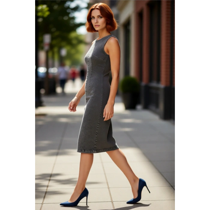 Kadın Bodycon Kesim Kolsuz Denim Midi Elbise Bisiklet Yaka Detaylı Esnek Pamuklu Yapısıyla