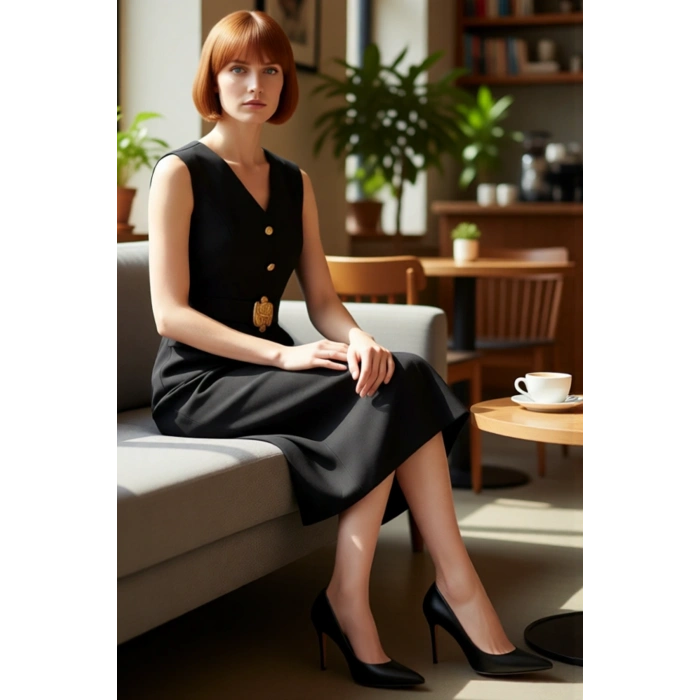 Kadın Bodycon Kesim Kolsuz V Yaka Kemerli Midi Elbise Aksesuar Detaylı Şık ve Modern Finike Dokuma