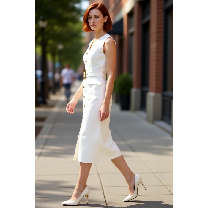 Kadın Bodycon Kesim Kolsuz V Yaka Kemerli Midi Elbise Aksesuar Detaylı Şık ve Modern Finike Dokuma