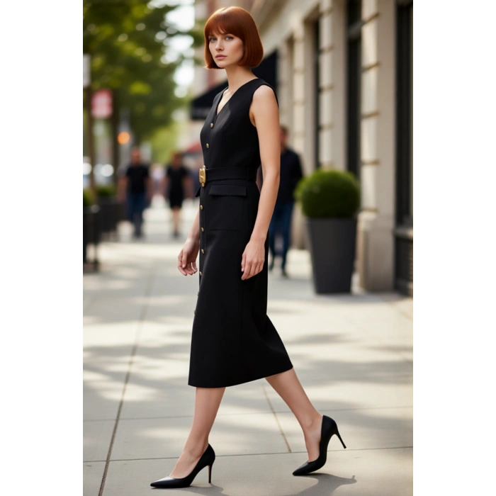 Kadın Bodycon Kesim Kolsuz V Yaka Kemerli Midi Elbise Aksesuar Detaylı Şık ve Modern Finike Dokuma