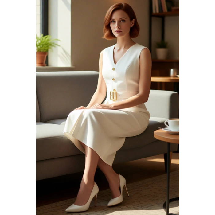 Kadın Bodycon Kesim Kolsuz V Yaka Kemerli Midi Elbise Aksesuar Detaylı Şık ve Modern Finike Dokuma