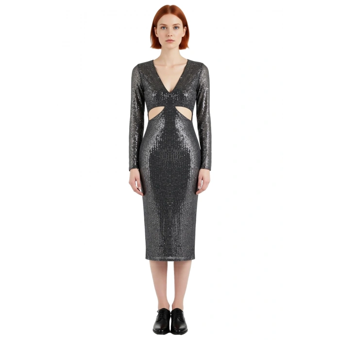 Kadın Bodycon Kesim Midi Boy Payetli Cut Out Detaylı V Yaka Abiye Elbise Özel Günler İçin İdeal