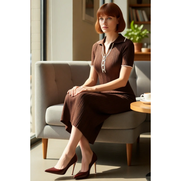 Kadın Bodycon Kesim Midi Boy Triko Elbise Polo Yakalı Renk Bloklu Kısa Kollu Şık Tasarım Kaliteli