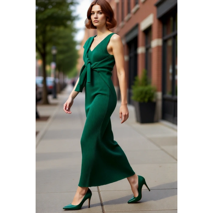 Kadın Bodycon Kesim Midi Triko Elbise Uzun Kollu Uyumlu Kazak İkili Takım Şık Günlük Stile Uygun