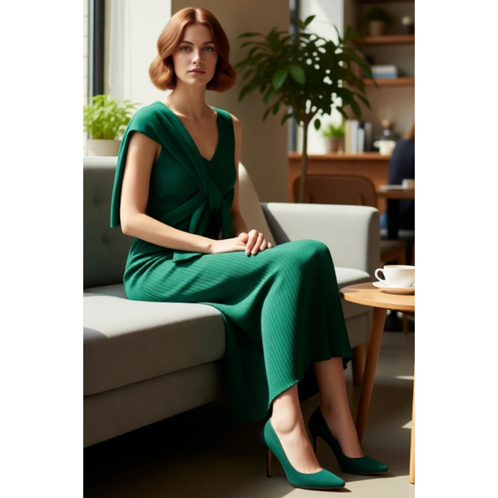 Kadın Bodycon Kesim Midi Triko Elbise Uzun Kollu Uyumlu Kazak İkili Takım Şık Günlük Stile Uygun