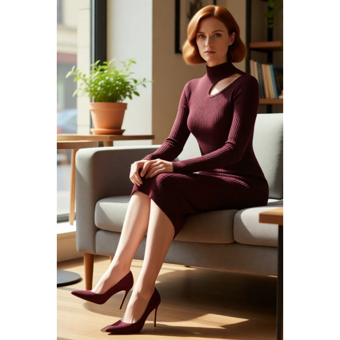 Kadın Bodycon Kesim Midi Uzun Kollu Triko Elbise Dik Yaka Cut Out Detaylı Şık Fitilli Tasarım