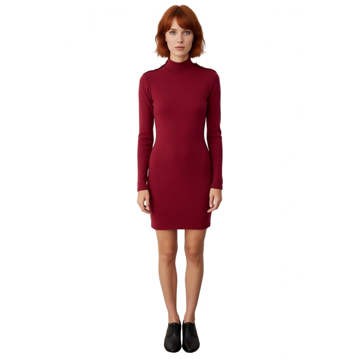Kadın Bodycon Kesim Rejenere Kaşkorse Kışlık Dik Yaka Uzun Kollu Düz Mini Elbise Kaliteli Şık