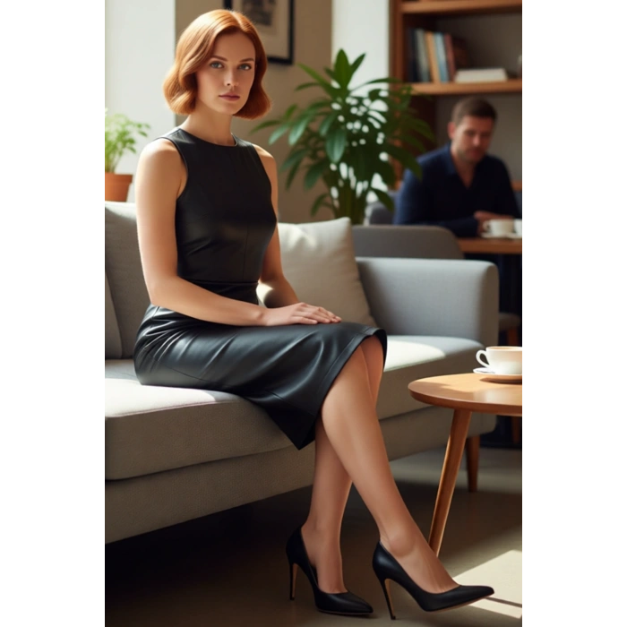 Kadın Bodycon Kesim Suni Deri Kruvaze Midi Elbise Bisiklet Yaka Kolsuz Tasarım Şık Gece Kombinleri