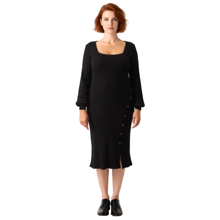 Kadın Bodycon Kesim Triko Elbise Uzun Kollu Kare Yaka Midi Boy Fitilli Düğme Detayıyla Kaliteli