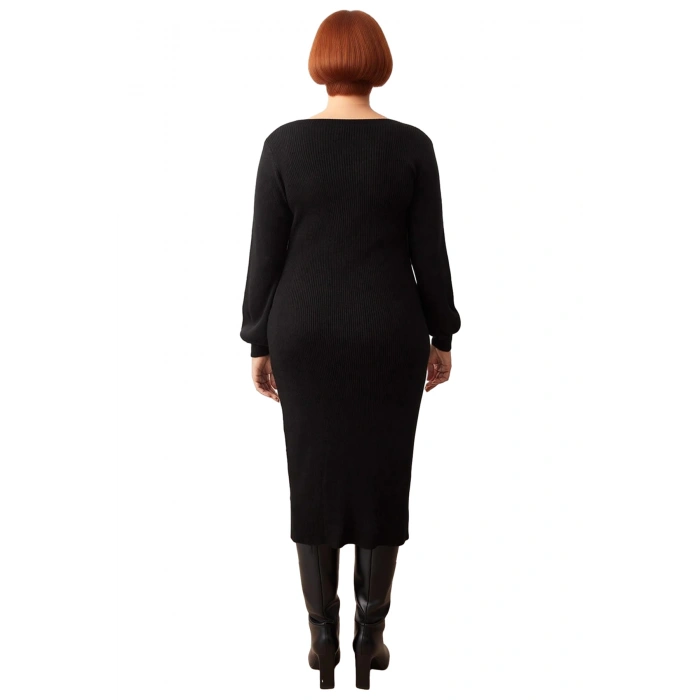 Kadın Bodycon Kesim Triko Elbise Uzun Kollu Kare Yaka Midi Boy Fitilli Düğme Detayıyla Kaliteli