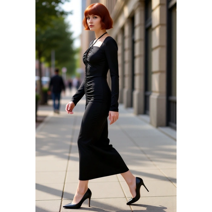 Kadın Bodycon Kesim Uzun Kollu Maxi Abiye Elbise Bağlama Detaylı Kare Yaka İle Şıklık Sunar