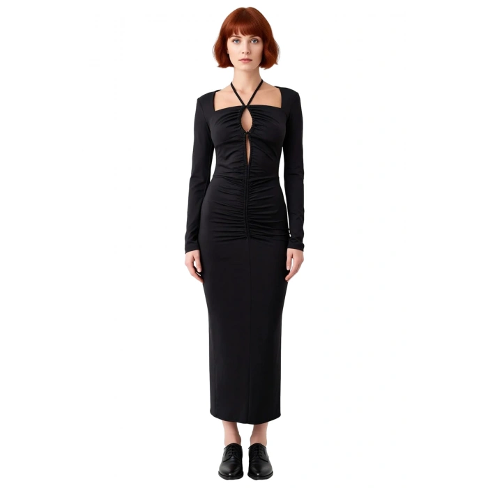 Kadın Bodycon Kesim Uzun Kollu Maxi Abiye Elbise Bağlama Detaylı Kare Yaka İle Şıklık Sunar