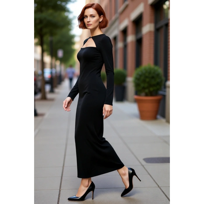 Kadın Bodycon Kesim Uzun Kollu Maxi Elbise Cut Out Detaylı Şık Gece Kokteyl Kıyafeti Kaliteli