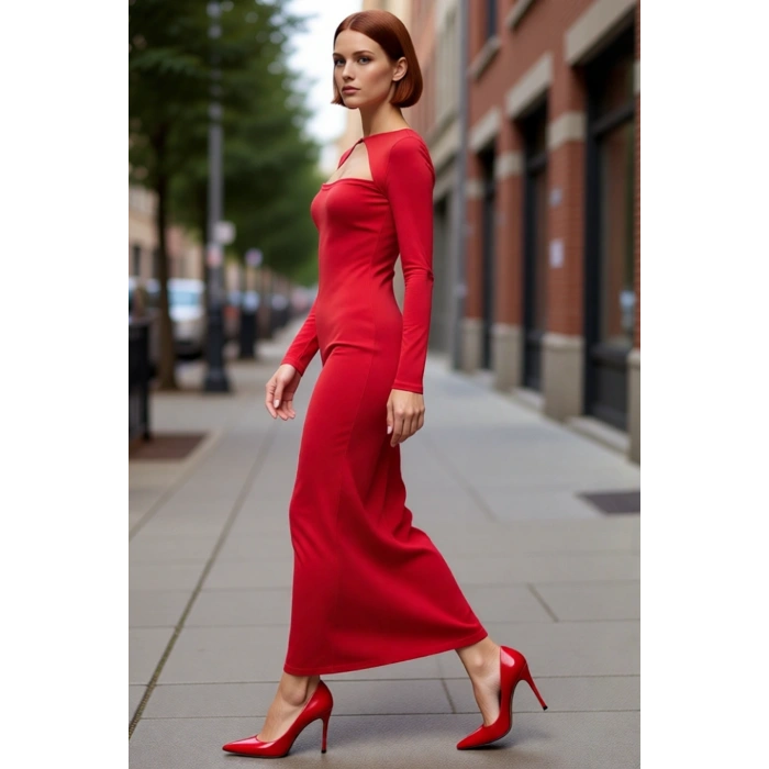 Kadın Bodycon Kesim Uzun Kollu Maxi Elbise Cut Out Detaylı Şık Gece Kokteyl Kıyafeti Kaliteli