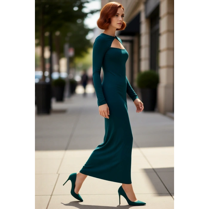 Kadın Bodycon Kesim Uzun Kollu Maxi Elbise Cut Out Detaylı Şık Gece Kokteyl Kıyafeti Kaliteli