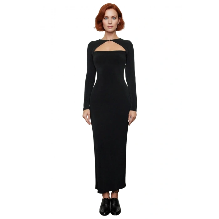Kadın Bodycon Kesim Uzun Kollu Maxi Elbise Cut Out Detaylı Şık Gece Kokteyl Kıyafeti Kaliteli