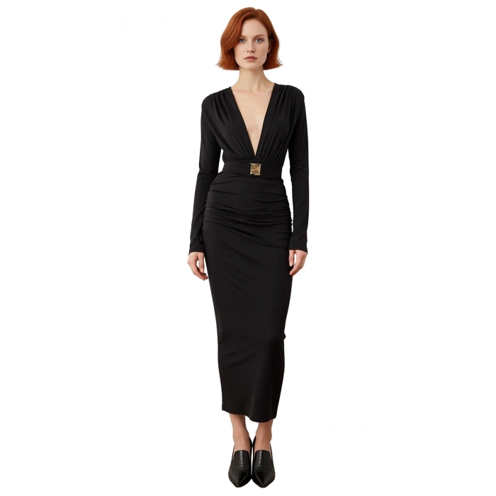 Kadın Bodycon Kesim Uzun Kollu V Yaka Midi Kemerli Şık Gece Davet Elbisesi Modern Tasarım Kaliteli