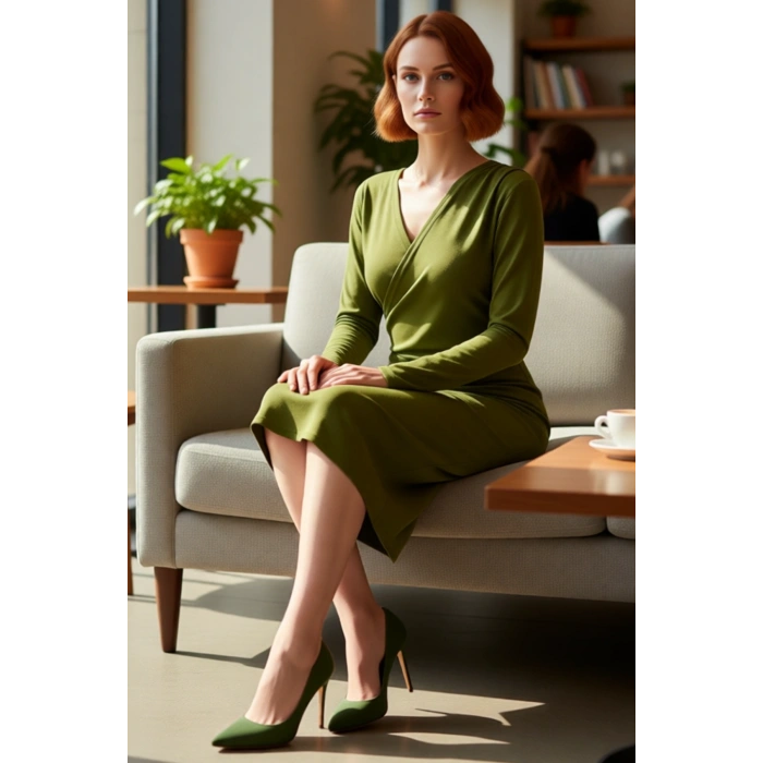 Kadın Bodycon Kruvaze V Yaka Midi Uzun Kollu Örme Scuba Krep Elbise Şık Günlük Ve Özel Davetler İçin