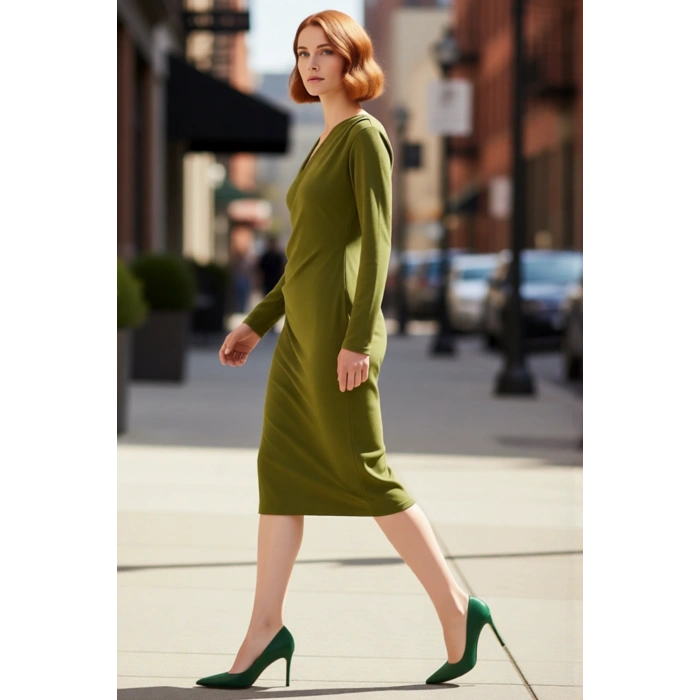 Kadın Bodycon Kruvaze V Yaka Midi Uzun Kollu Örme Scuba Krep Elbise Şık Günlük Ve Özel Davetler İçin