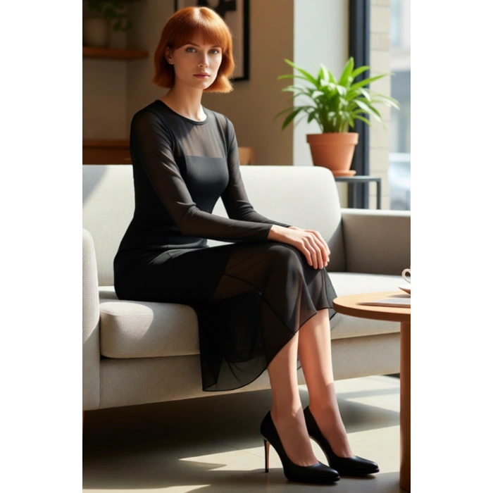 Kadın Bodycon Midi Elbise Astarlı Tül Kumaş Uzun Kollu Bisiklet Yaka Desenli Kışlık Şıklık