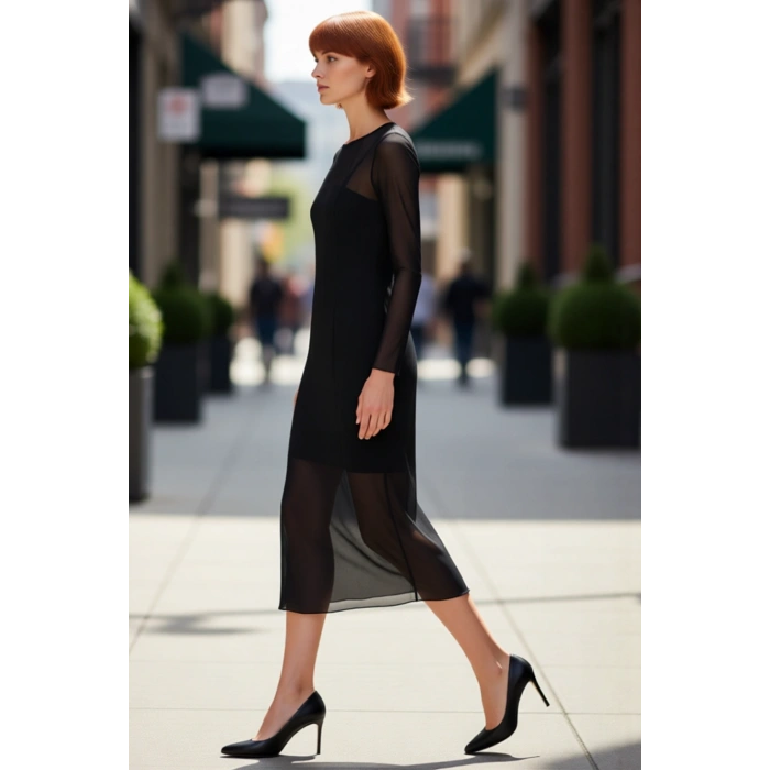 Kadın Bodycon Midi Elbise Astarlı Tül Kumaş Uzun Kollu Bisiklet Yaka Desenli Kışlık Şıklık