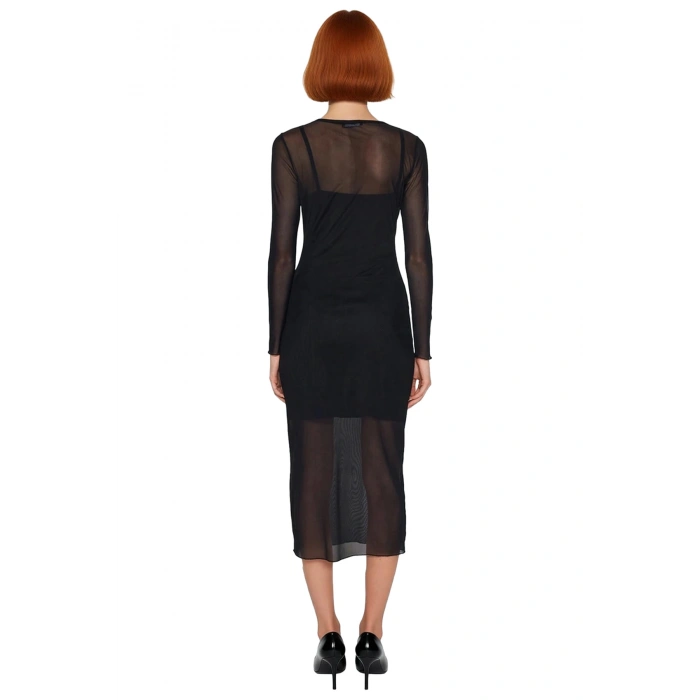 Kadın Bodycon Midi Elbise Astarlı Tül Kumaş Uzun Kollu Bisiklet Yaka Desenli Kışlık Şıklık