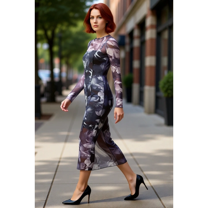 Kadın Bodycon Midi Elbise Astarlı Tül Kumaş Uzun Kollu Bisiklet Yaka Desenli Kışlık Şıklık