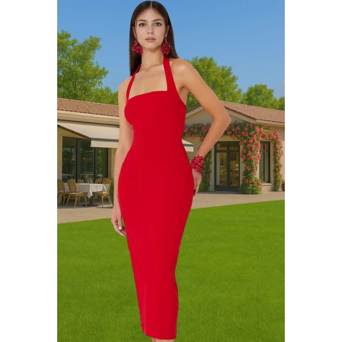 Kadın Bodycon Midi Elbise Kare Yaka Finike Dokuma Yazlık Şık Elbise Trend Tasarım Yüksek Kalite