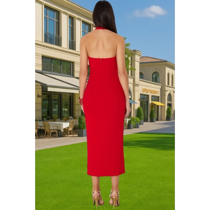 Kadın Bodycon Midi Elbise Kare Yaka Finike Dokuma Yazlık Şık Elbise Trend Tasarım Yüksek Kalite