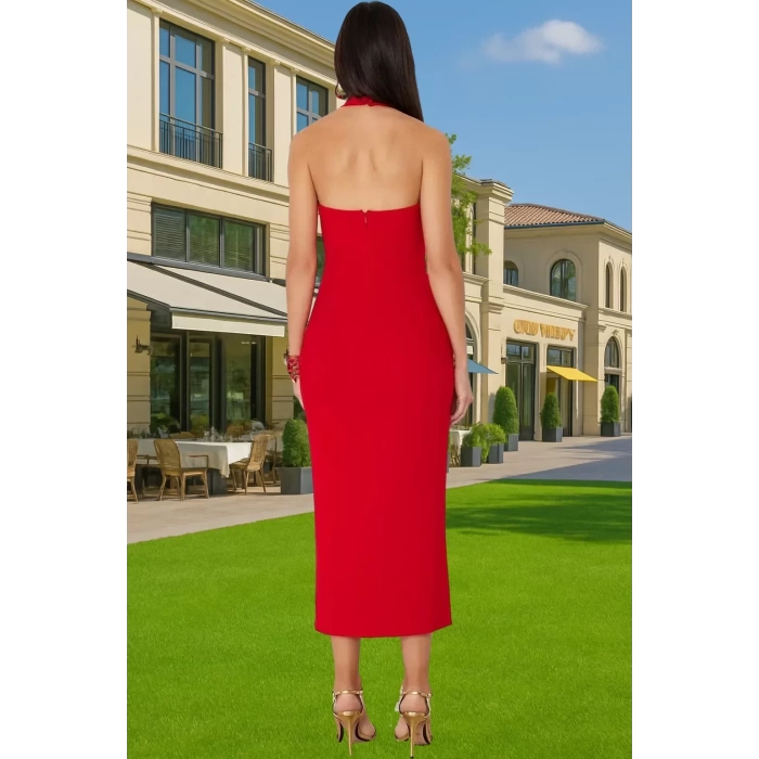 Kadın Bodycon Midi Elbise Kare Yaka Finike Dokuma Yazlık Şık Elbise Trend Tasarım Yüksek Kalite